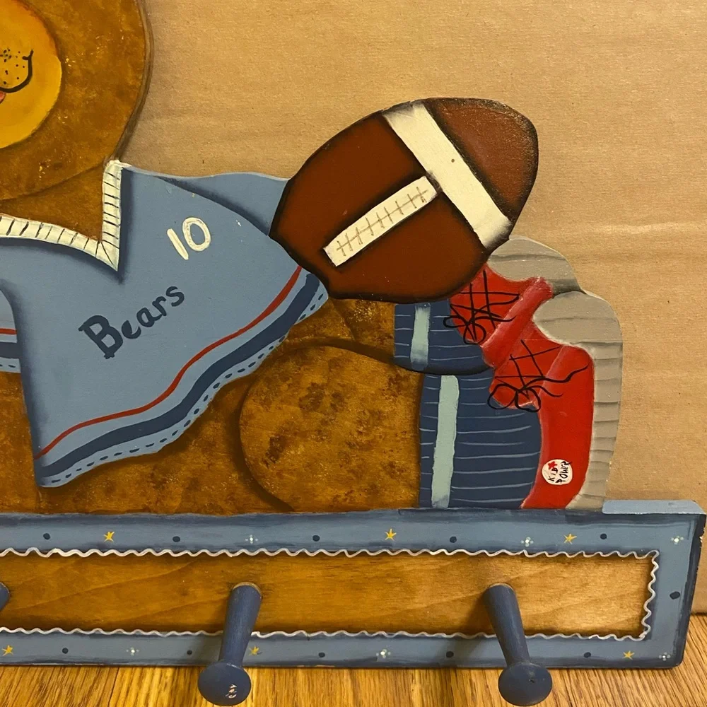 Wooden Wall Plaque Coat And Hat Hanger Football Bear For Little Boy's Bedroom.